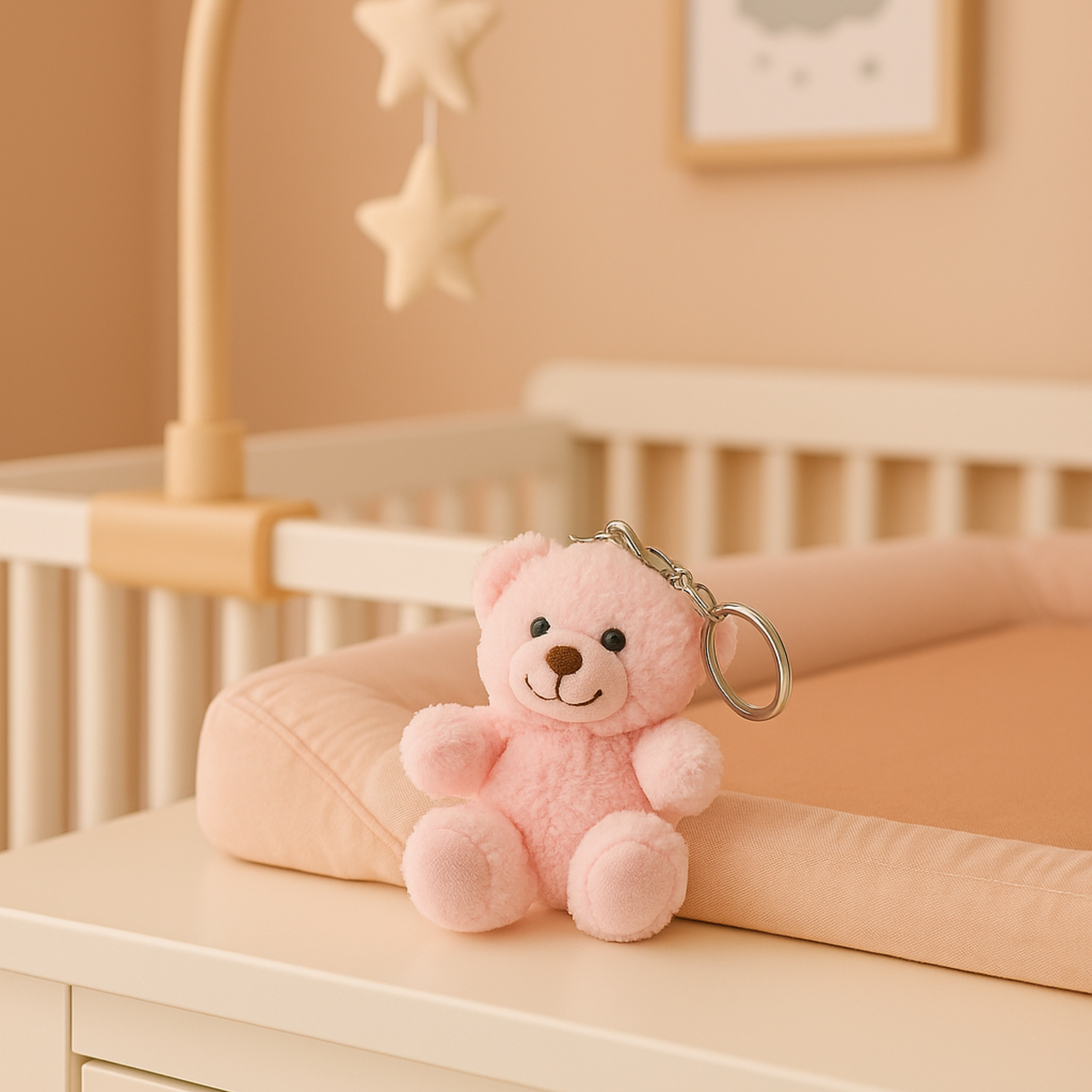 Petit ours en peluche rose HelloBiboo posé dans une chambre de bébé, jouet d’éveil doux et rassurant