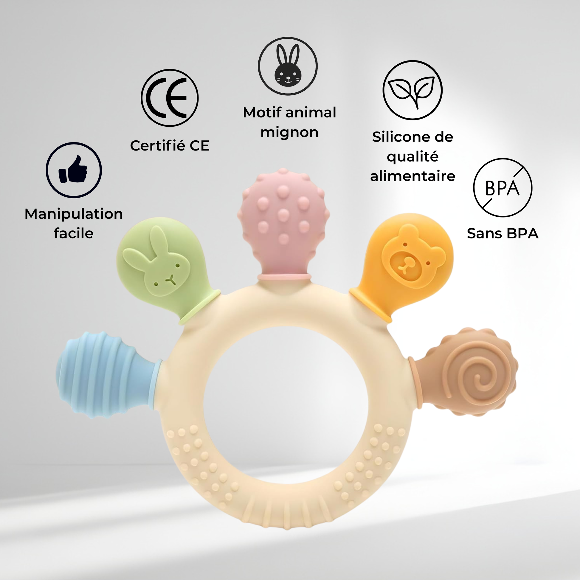 Anneau de dentition en silicone avec motifs animaux et différentes textures, certifié CE et sans BPA