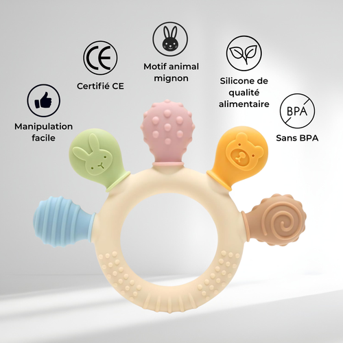 Anneau de dentition en silicone avec motifs animaux et différentes textures, certifié CE et sans BPA