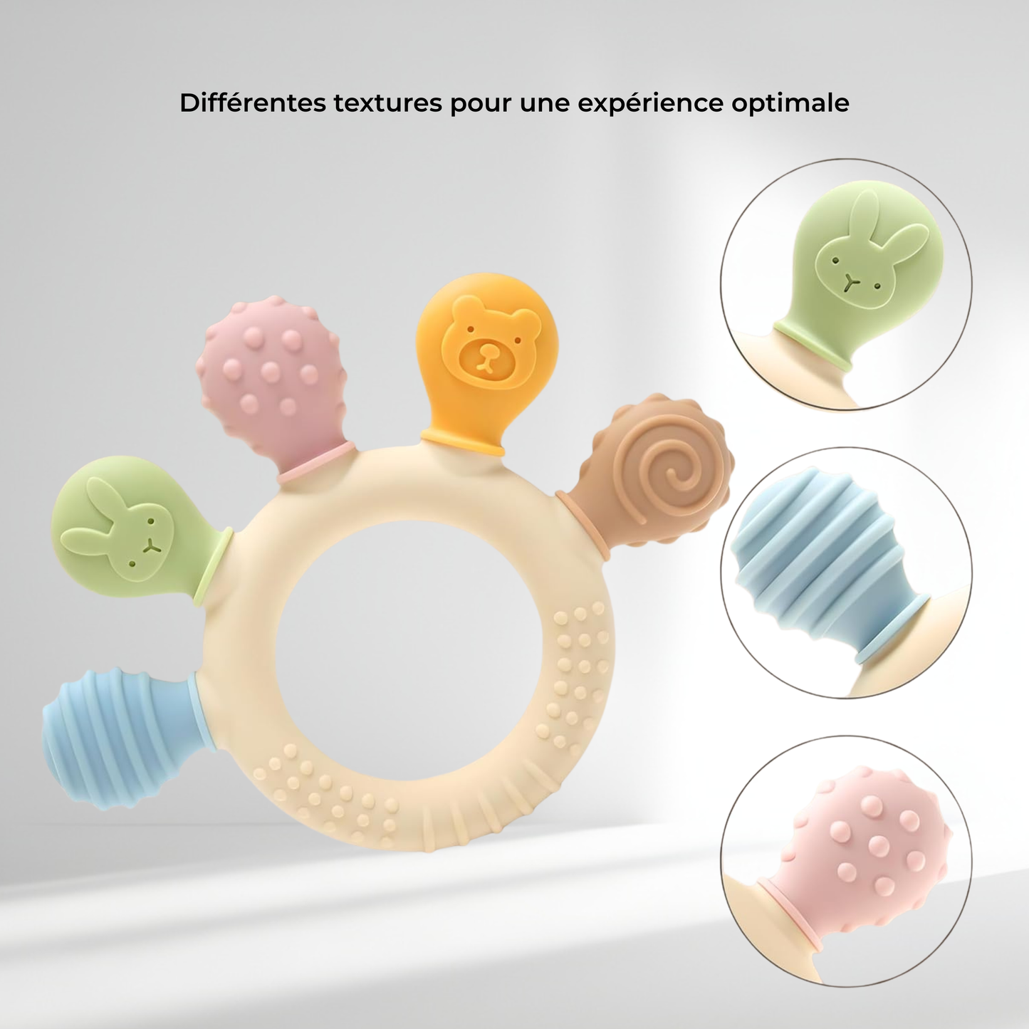Anneau de dentition avec plusieurs textures pour masser et soulager les gencives de bébé