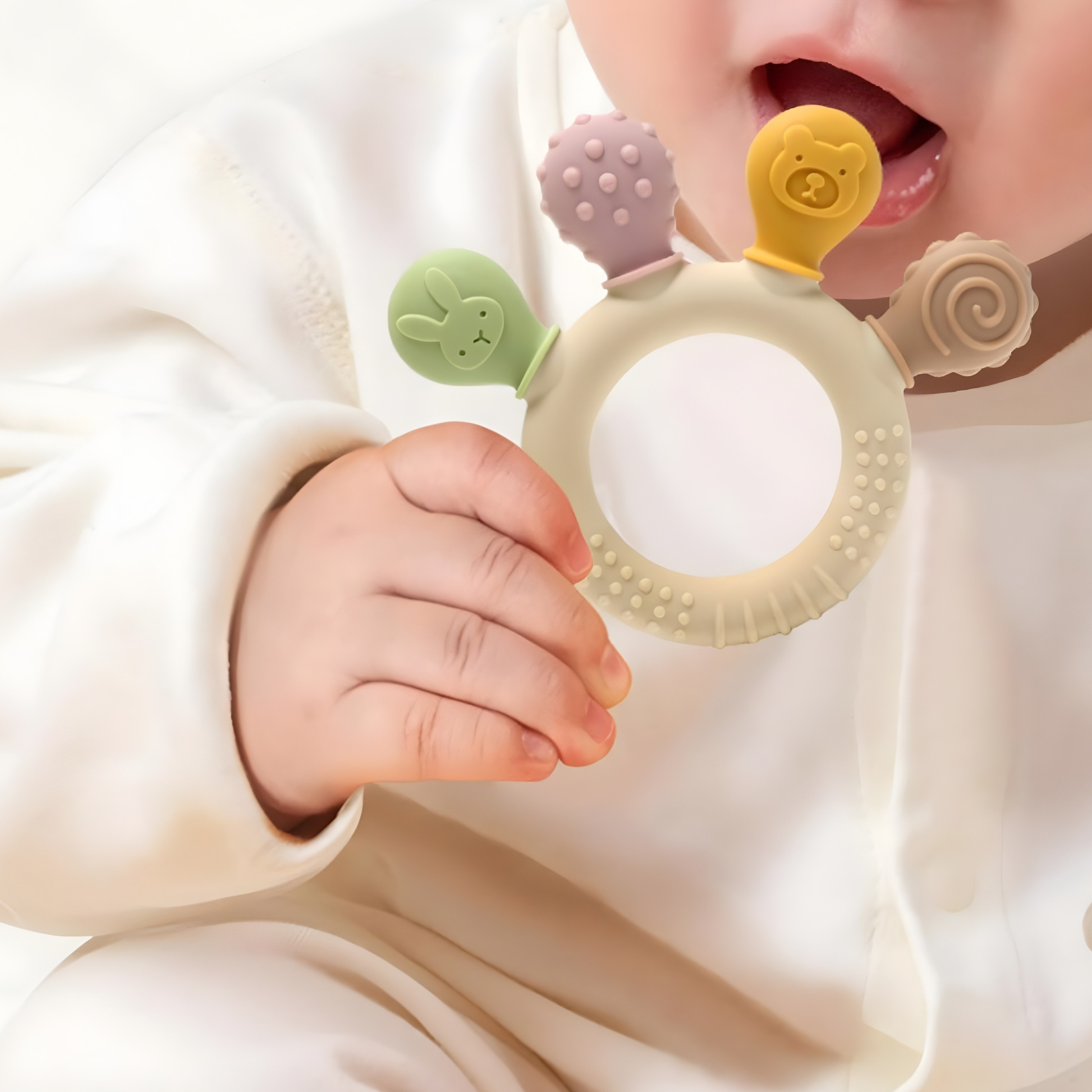 Bébé tenant un anneau de dentition en silicone et le portant à la bouche