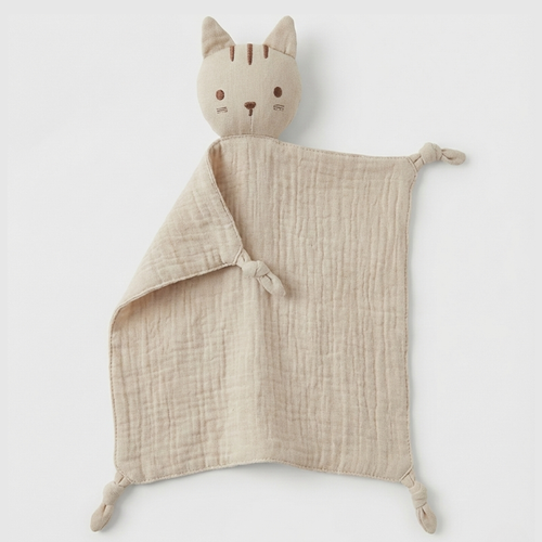 Doudou bébé plat en coton mousseline beige en forme de chat, doux et apaisant pour bébé