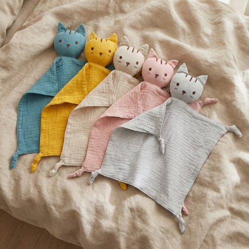 Doudous bébé en coton mousseline en forme de chat, doux et rassurants pour nouveau-né