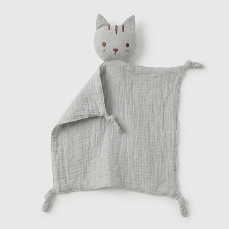 Doudou bébé plat en coton mousseline gris en forme de chat, doux et apaisant pour bébé