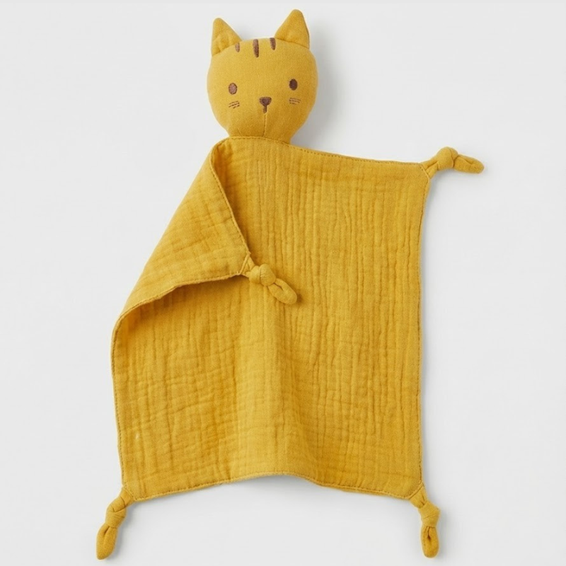 Doudou bébé plat en coton mousseline jaune en forme de chat, doux et apaisant pour bébé
