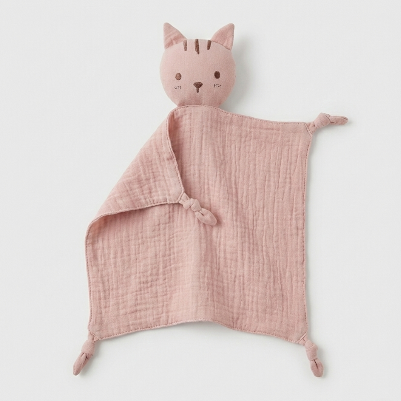 Doudou bébé plat en coton mousseline rose en forme de chat, doux et apaisant pour bébé
