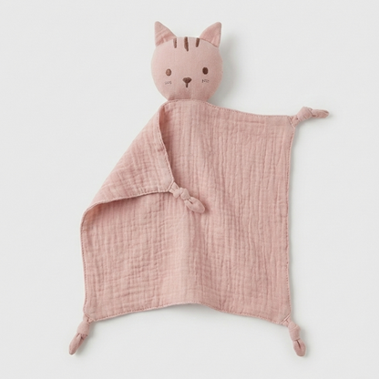 Doudou bébé plat en coton mousseline rose en forme de chat, doux et apaisant pour bébé