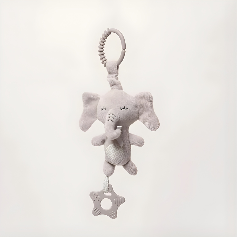 Doudou éléphant à attacher sur porte-bébé, avec attache sécurisée et anneau de dentition pour bébé