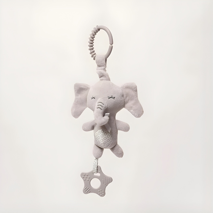 Doudou éléphant à attacher sur porte-bébé, avec attache sécurisée et anneau de dentition pour bébé