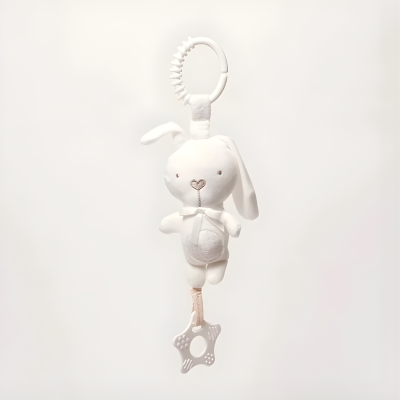 Doudou lapin blanc à attacher sur porte-bébé, avec attache sécurisée et anneau de dentition pour bébé