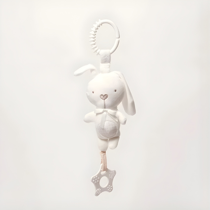Doudou lapin blanc à attacher sur porte-bébé, avec attache sécurisée et anneau de dentition pour bébé