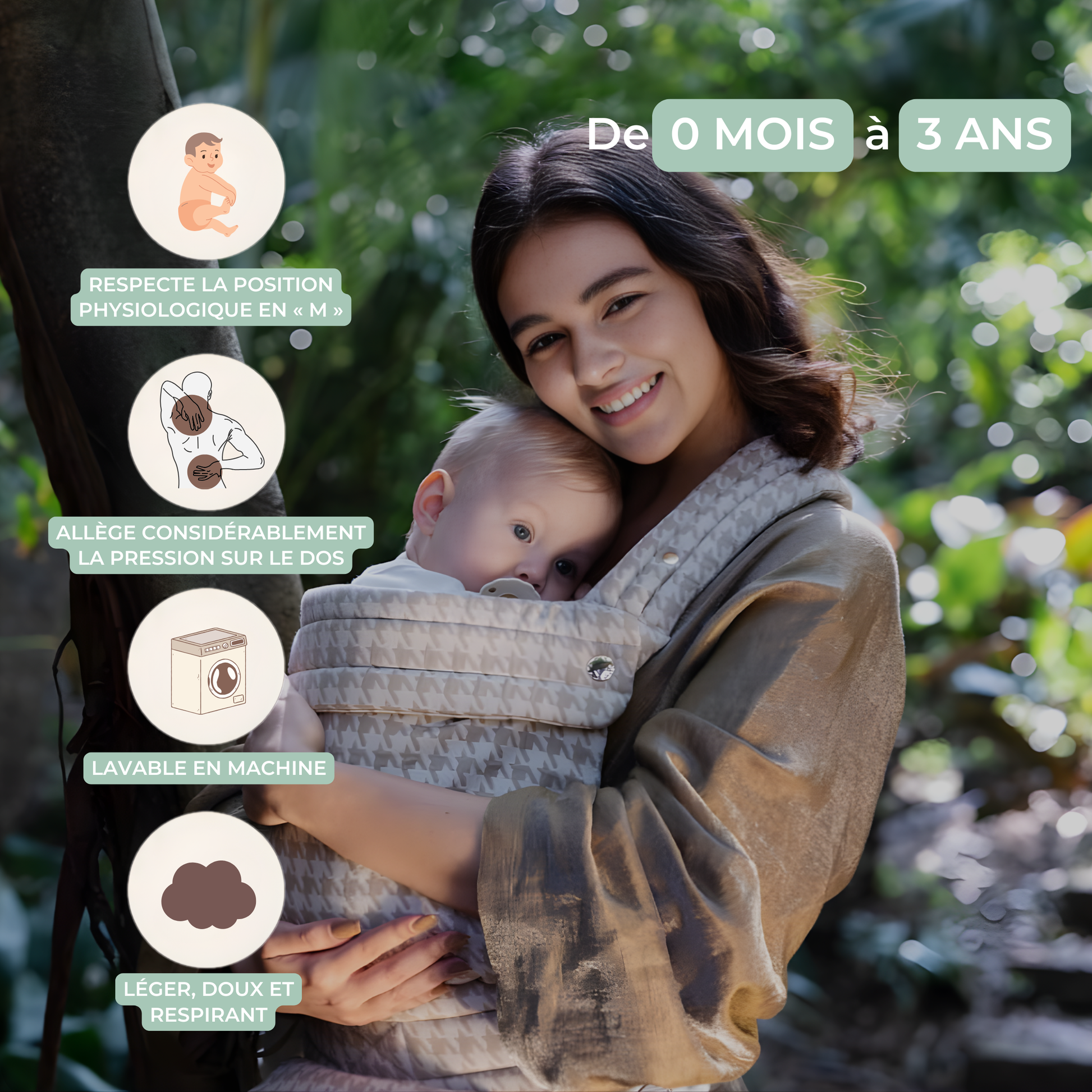 Porte-bébé physiologique et ergonomique HelloBiboo porté contre le parent avec bébé en position naturelle