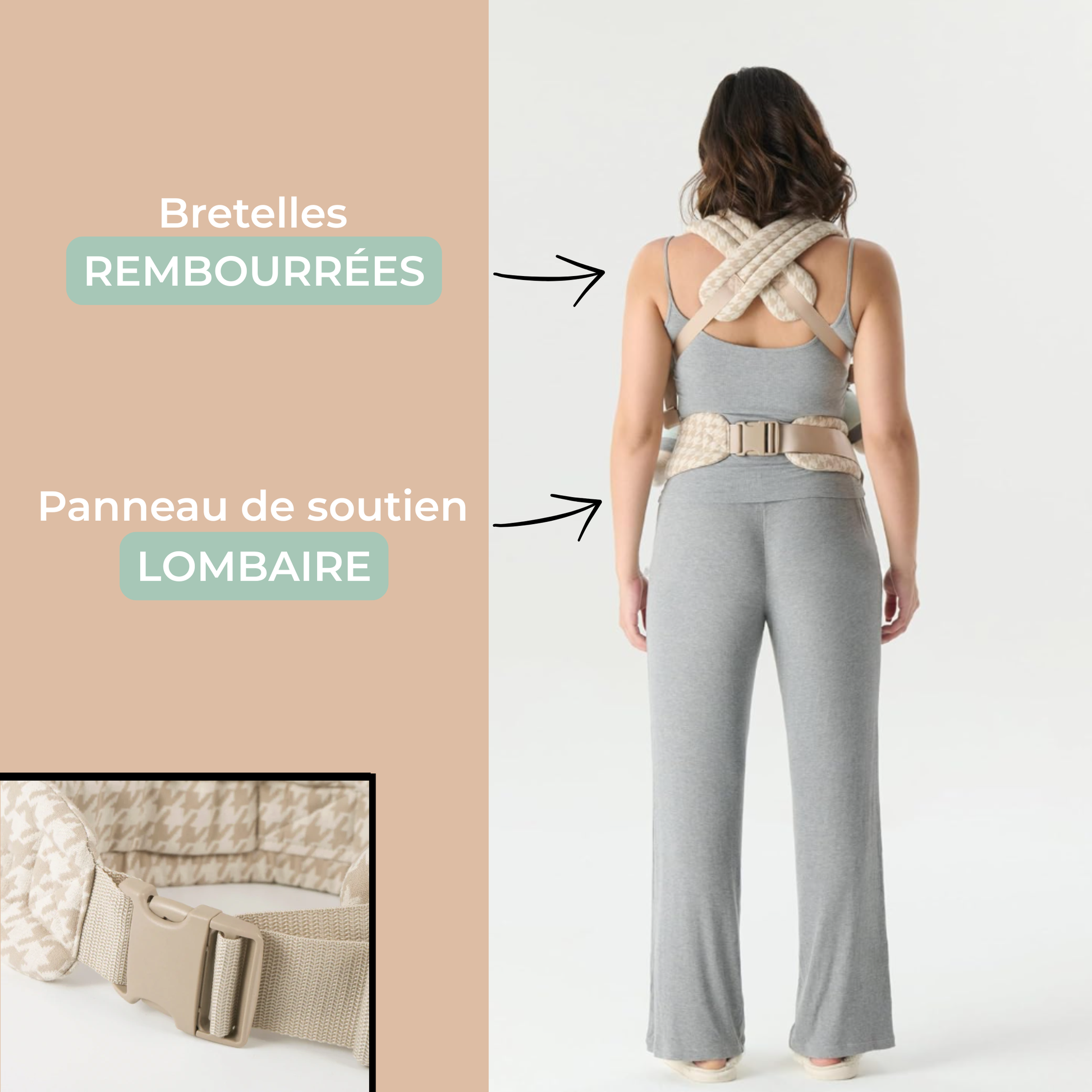 Vue arrière du porte-bébé ergonomique HelloBiboo avec bretelles rembourrées et panneau de soutien lombaire